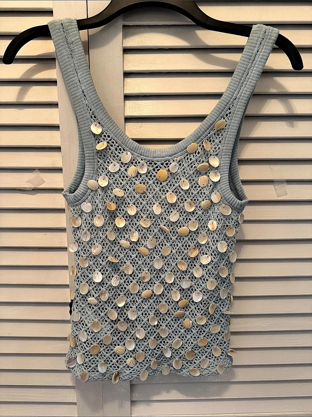 J.Crew Crochet Shell-Embroidered Tank Top Blue & Cream XS NWT